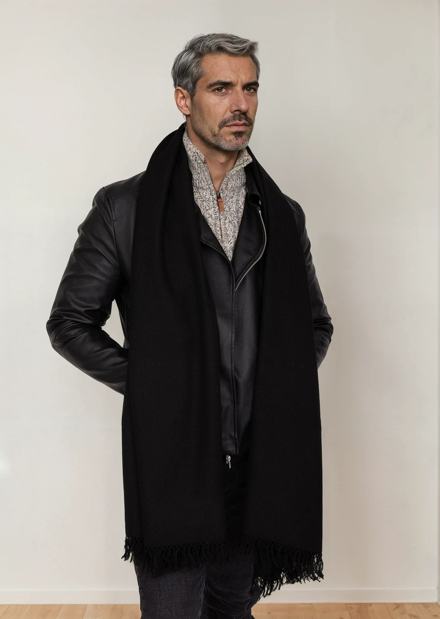 Oversized Merino Wool Scarf for Men Black - likemary