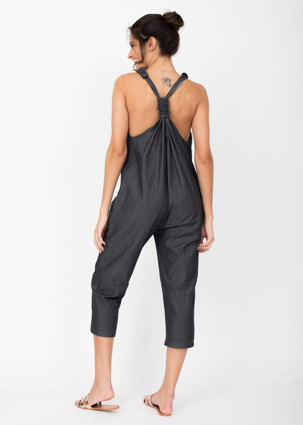 Racer Back Cropped Jumpsuit Summer Denim Grey - likemary