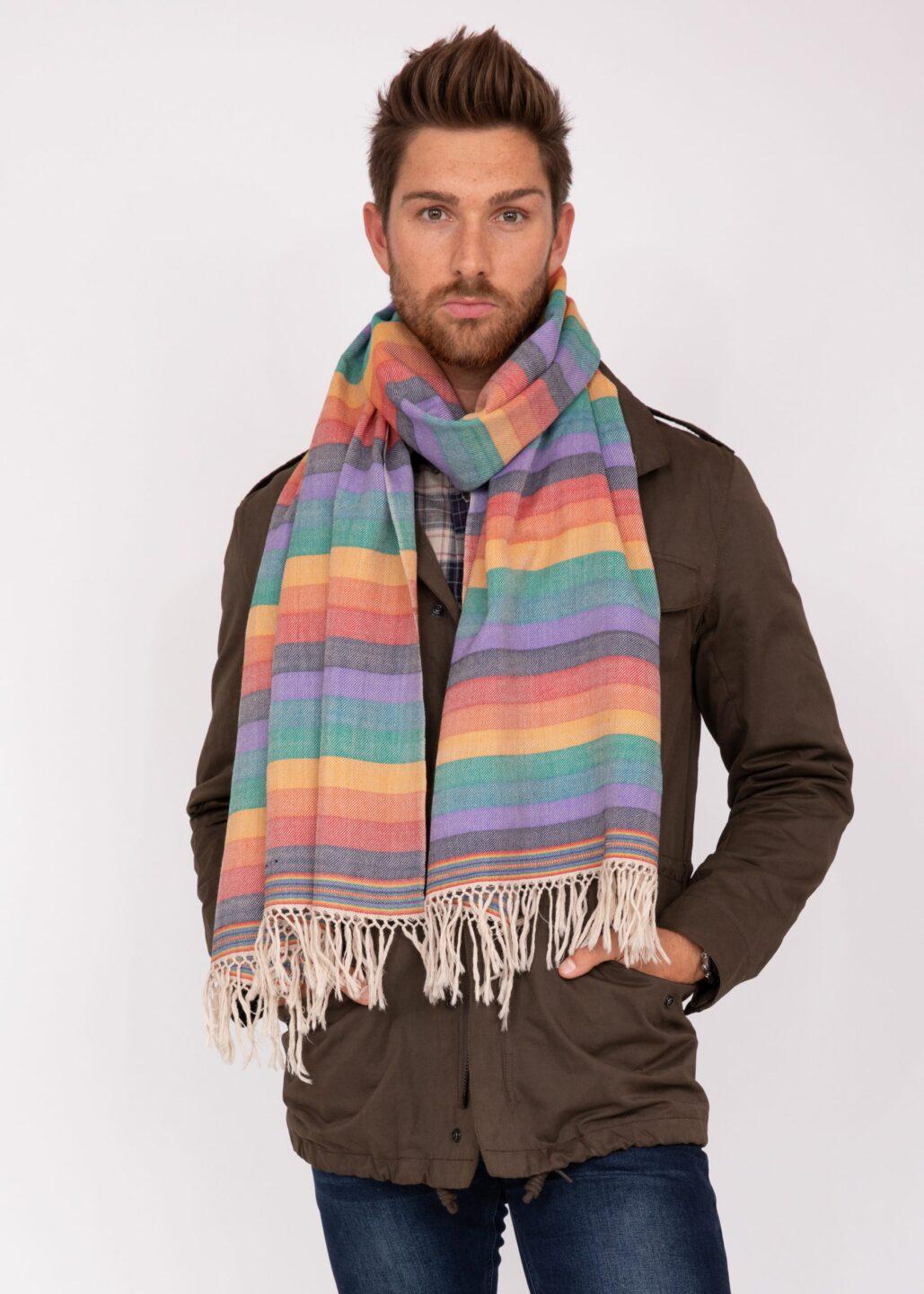 Rainbow Handwoven Merino Tassel Scarf Mens - likemary
