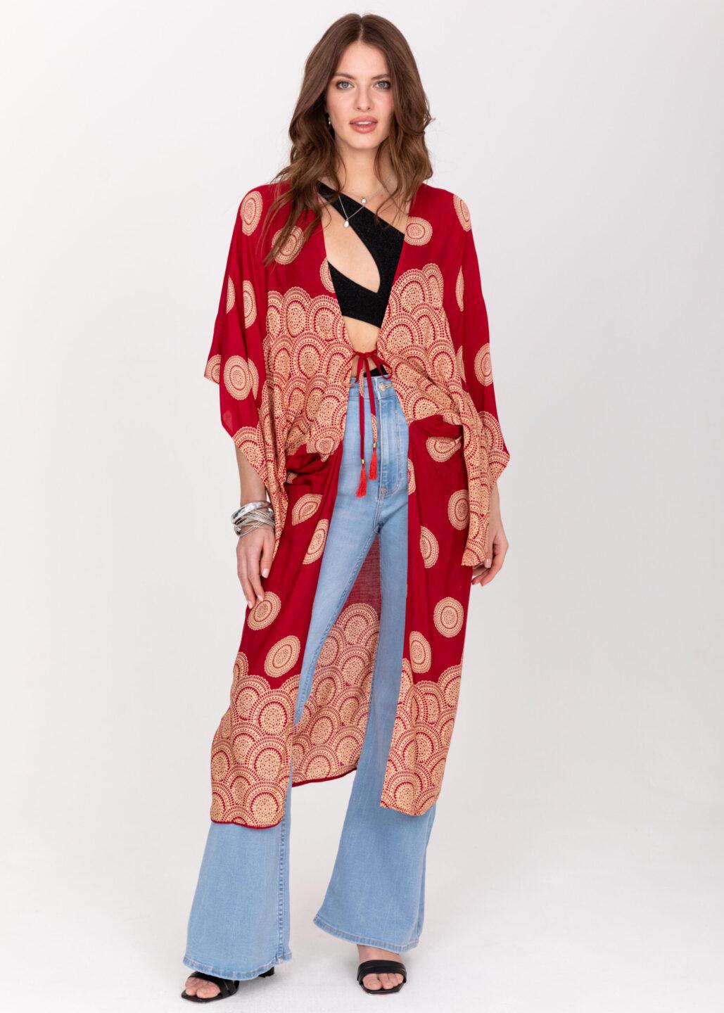 Relaxed Mandala Print Kimono in Red - likemary