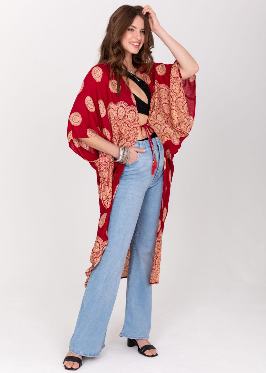 Relaxed Mandala Print Kimono in Red - likemary