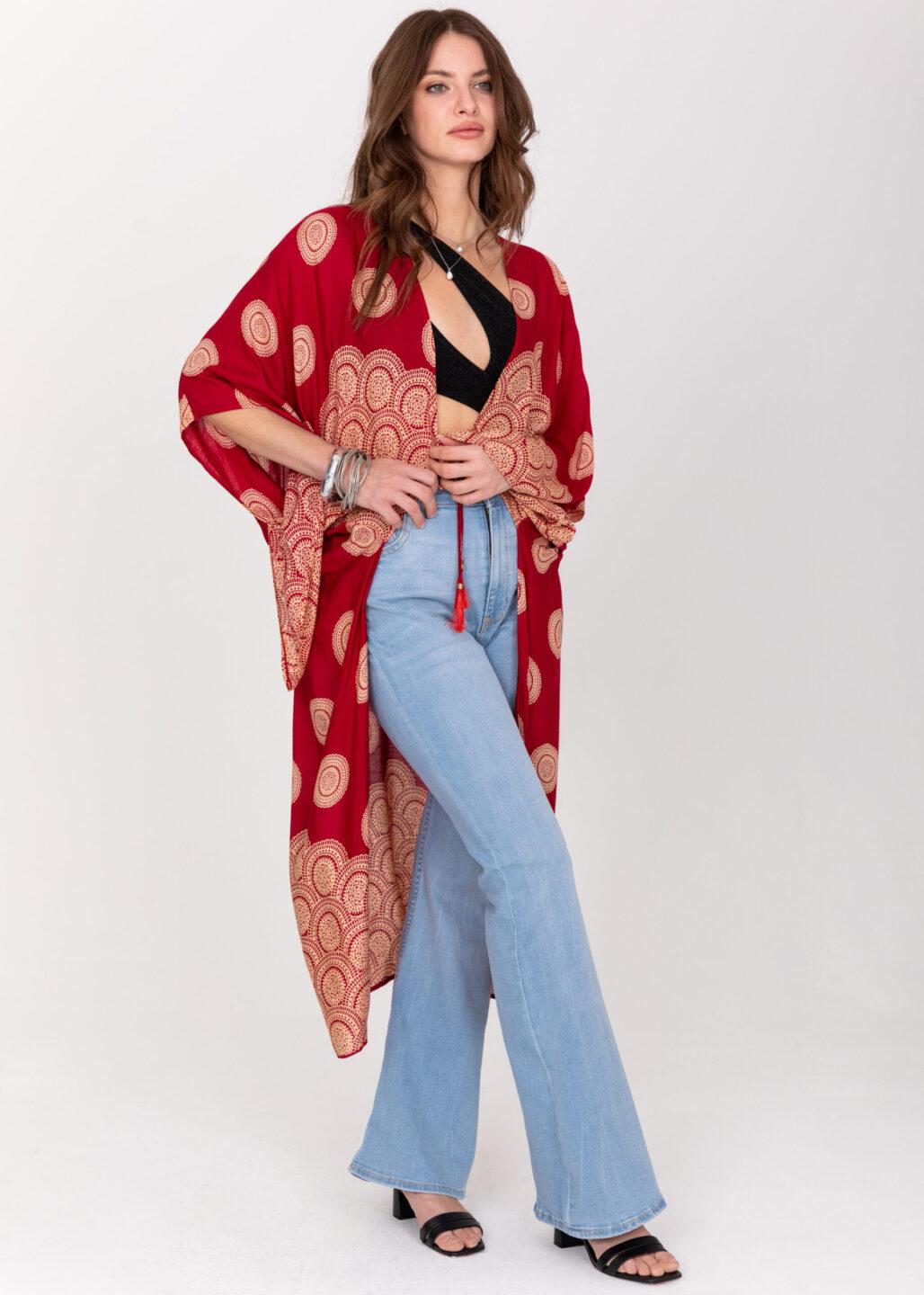 Relaxed Mandala Print Kimono in Red - likemary
