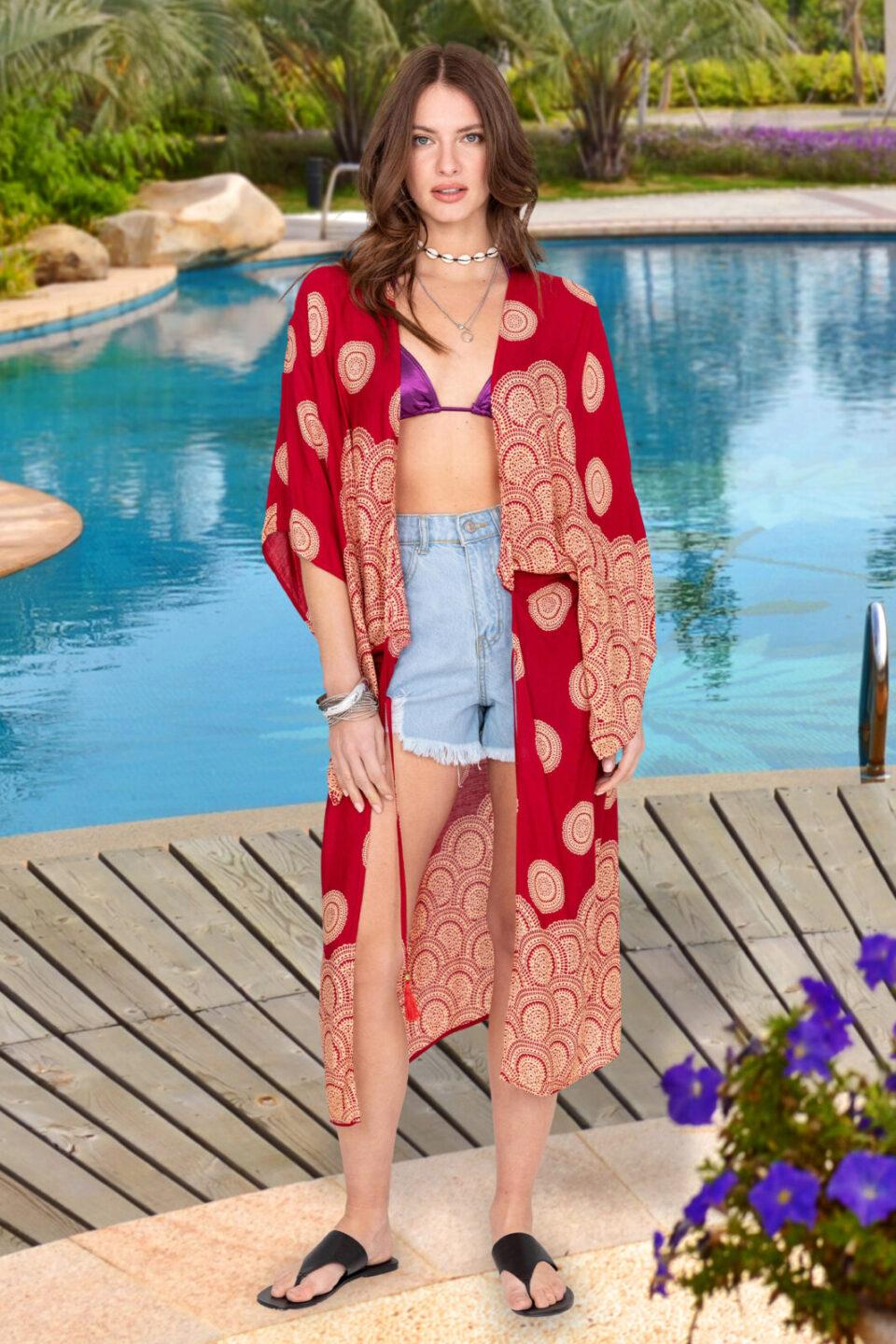 Relaxed Mandala Print Kimono in Red - likemary