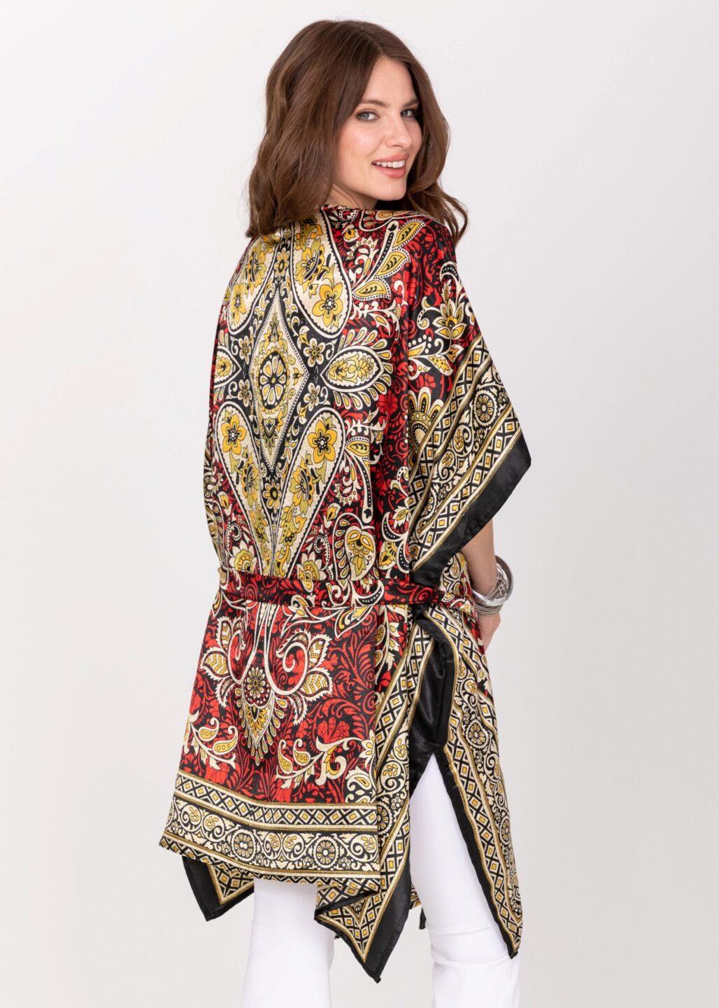 Satin Kimono Cover Up with Belt in Red & Gold Print - likemary