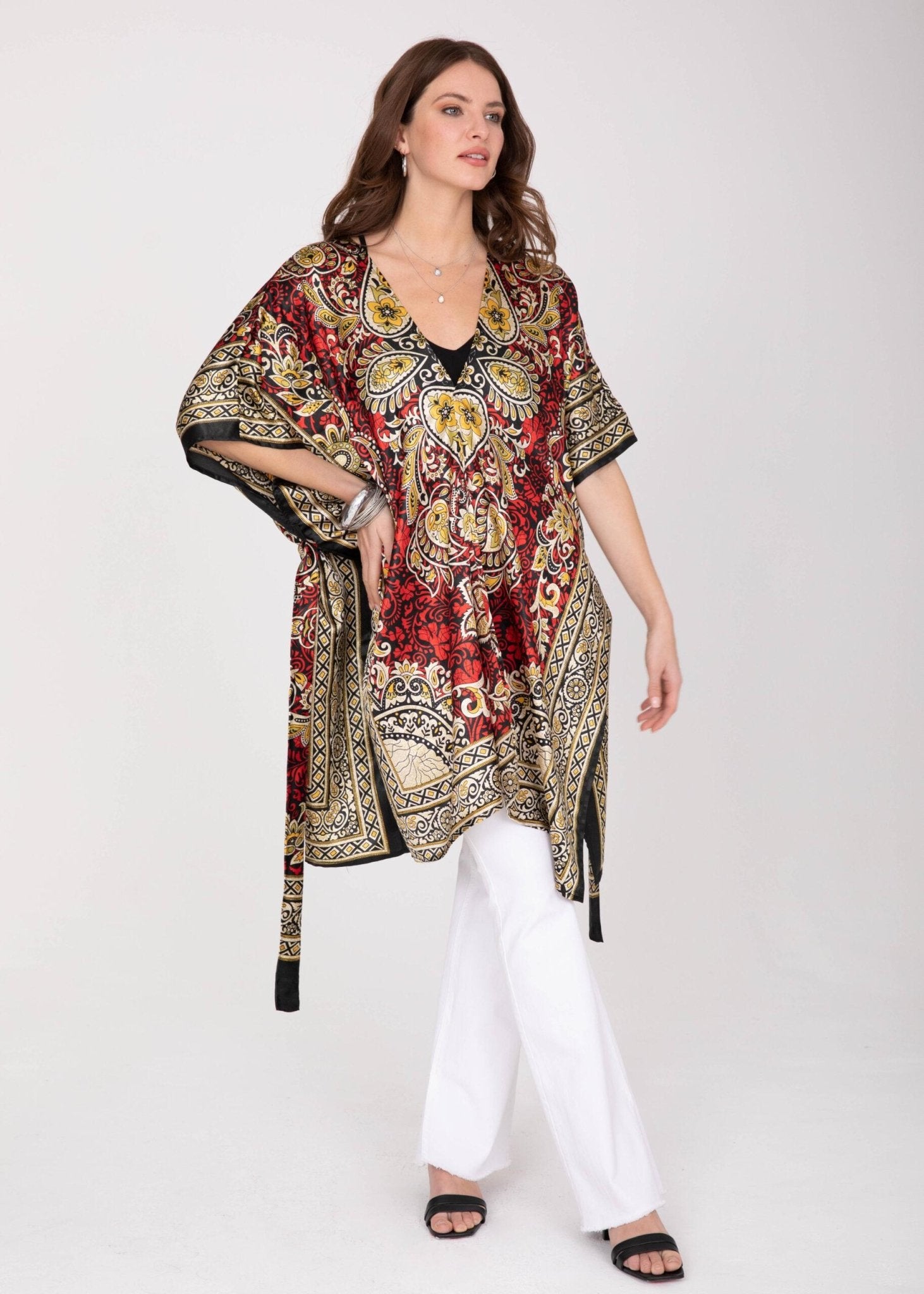 Satin Kimono Cover Up with Belt in Red & Gold Print - likemary