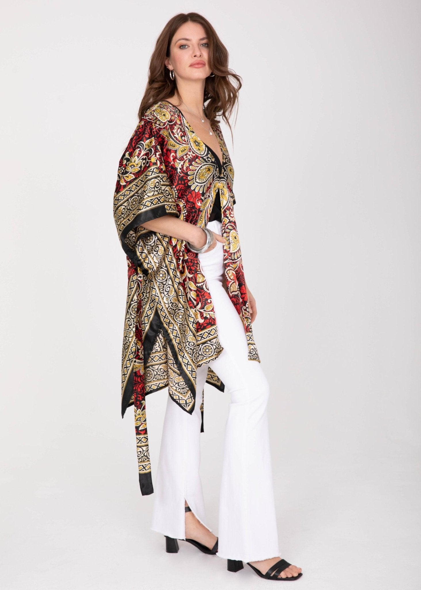 Satin Kimono Cover Up with Belt in Red & Gold Print - likemary