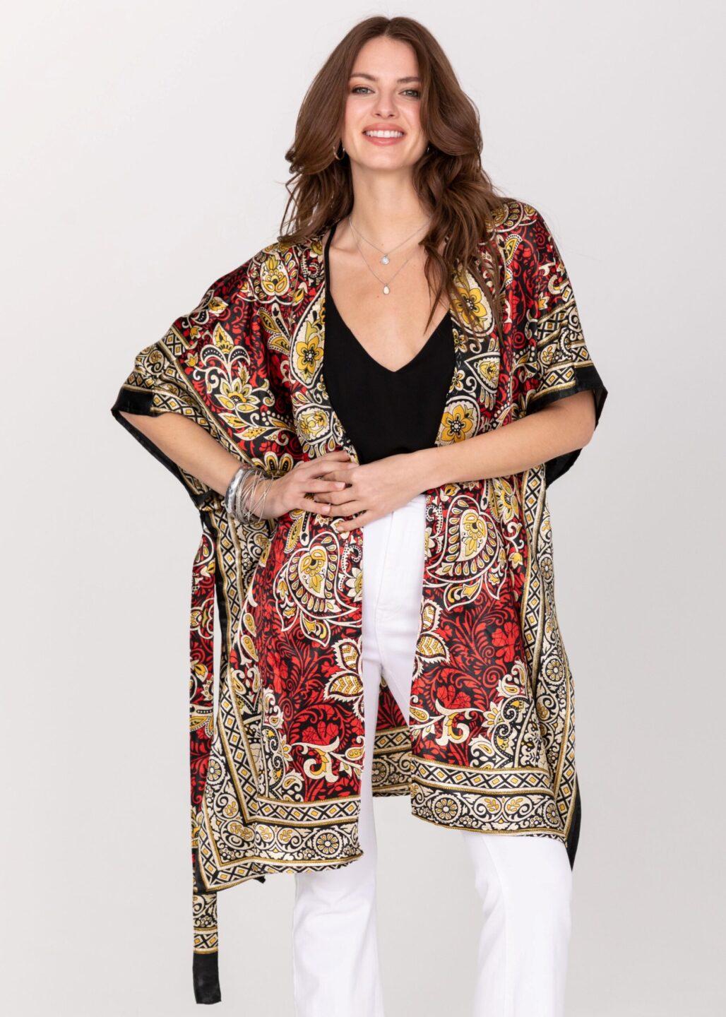 Satin Kimono Cover Up with Belt in Red & Gold Print - likemary
