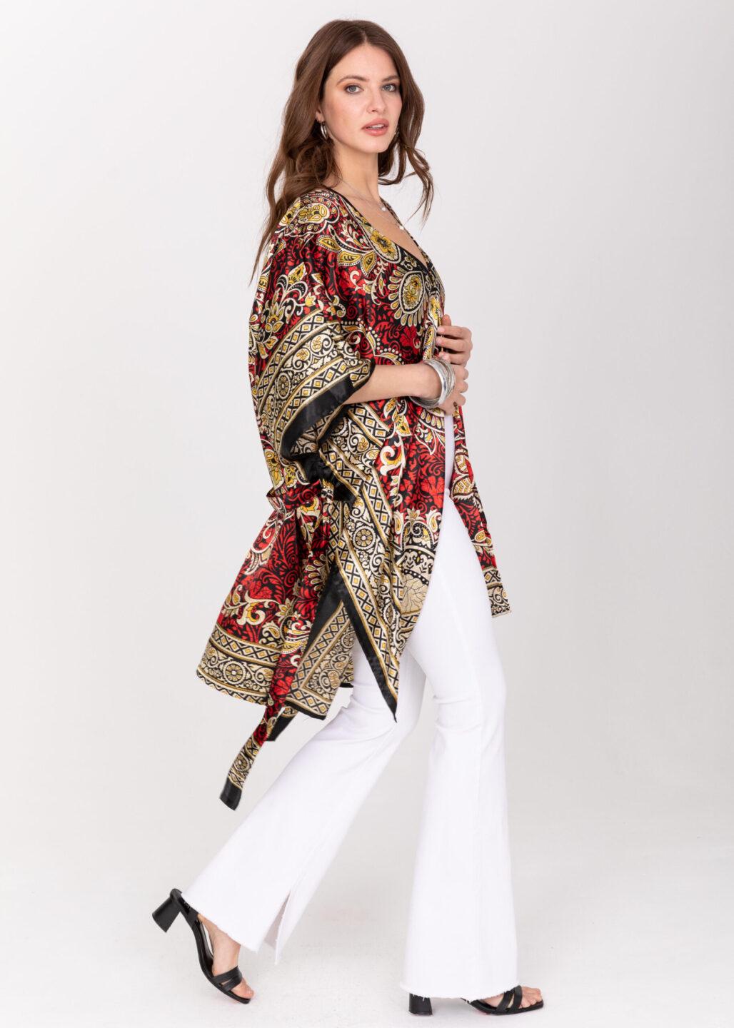 Satin Kimono Cover Up with Belt in Red & Gold Print - likemary