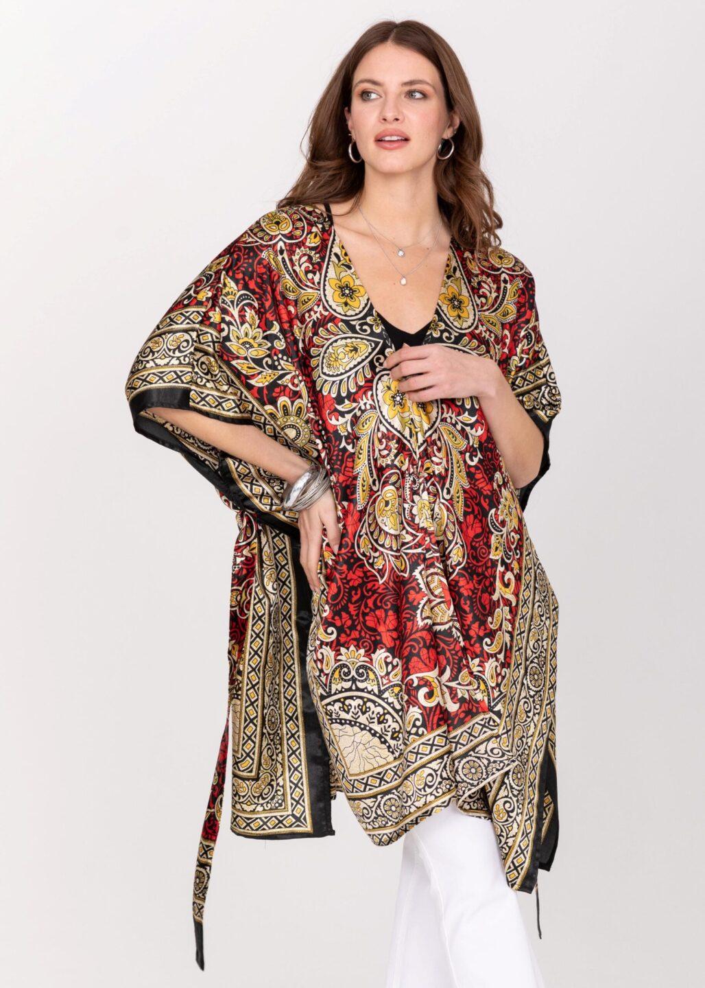 Satin Kimono Cover Up with Belt in Red & Gold Print - likemary