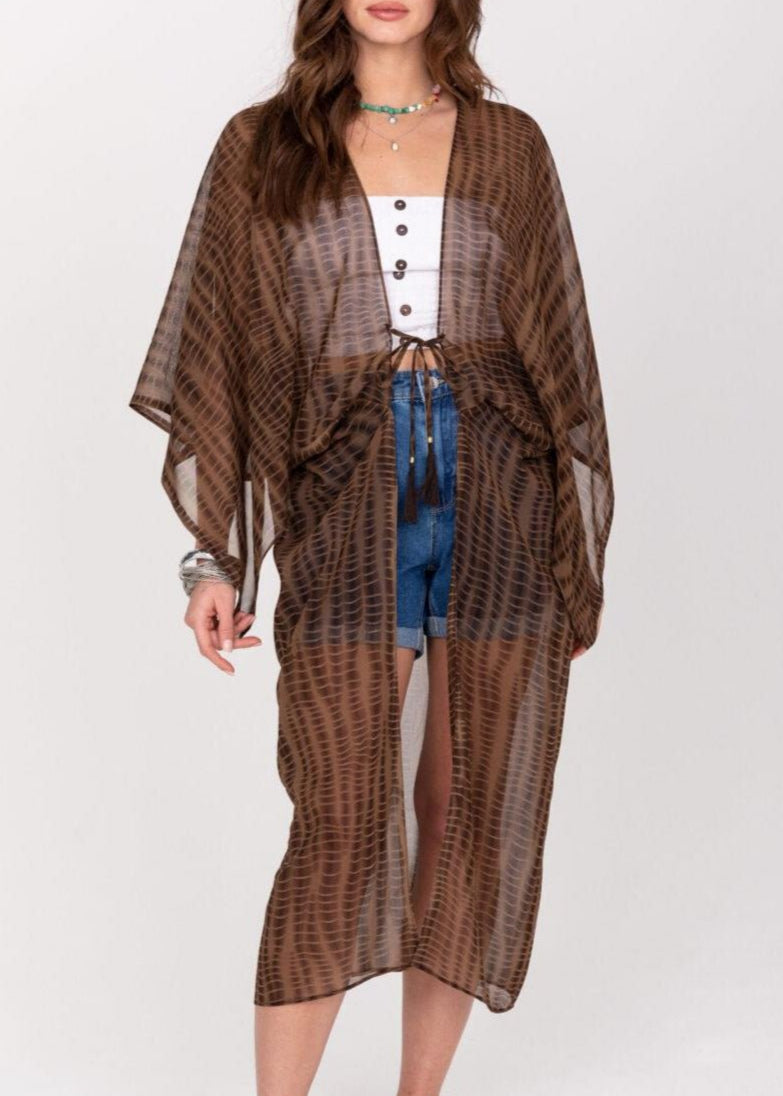 Semi - Sheer Long Kimono in Brown Bone Tie Dye Print - likemary