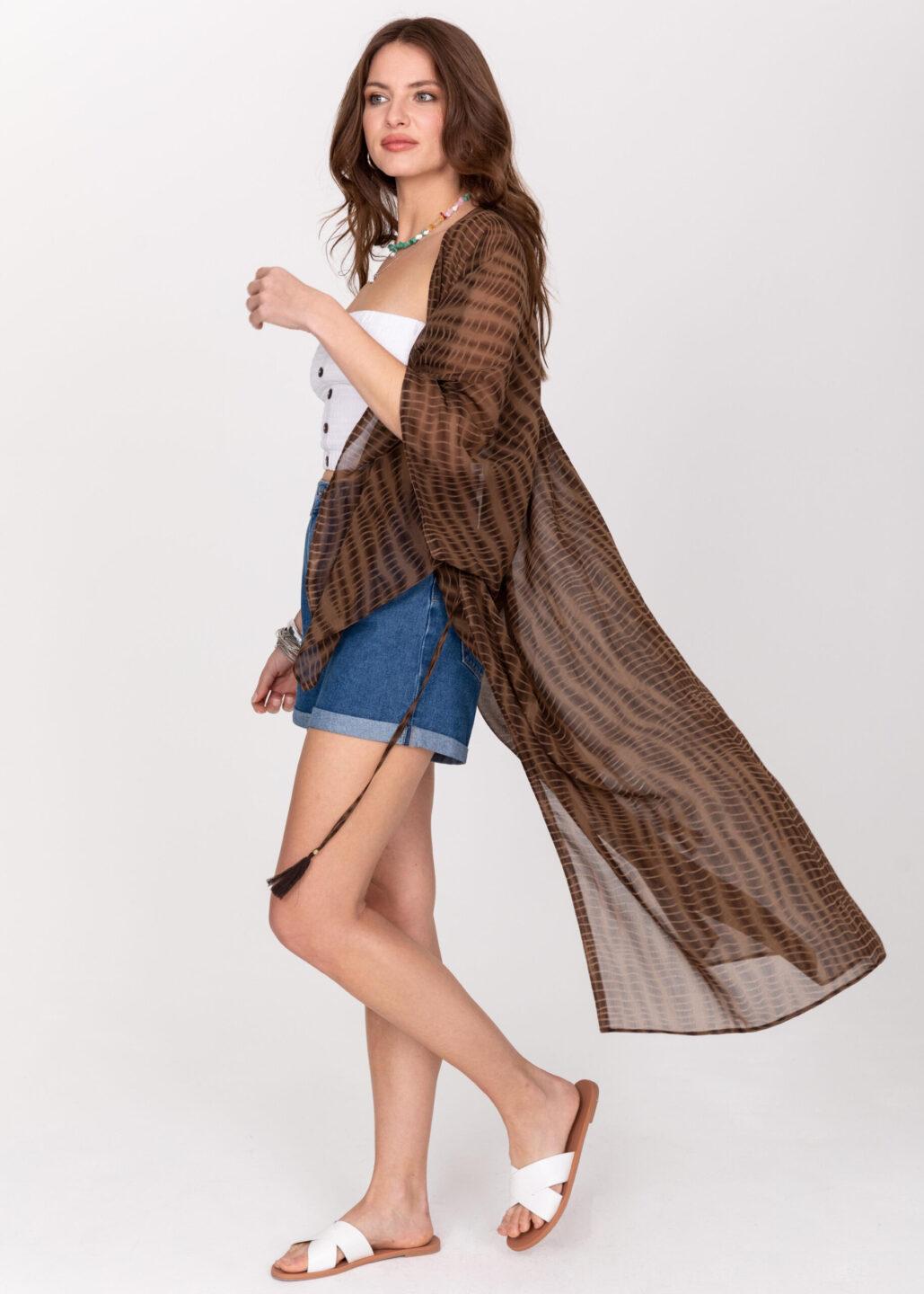Semi - Sheer Long Kimono in Brown Bone Tie Dye Print - likemary