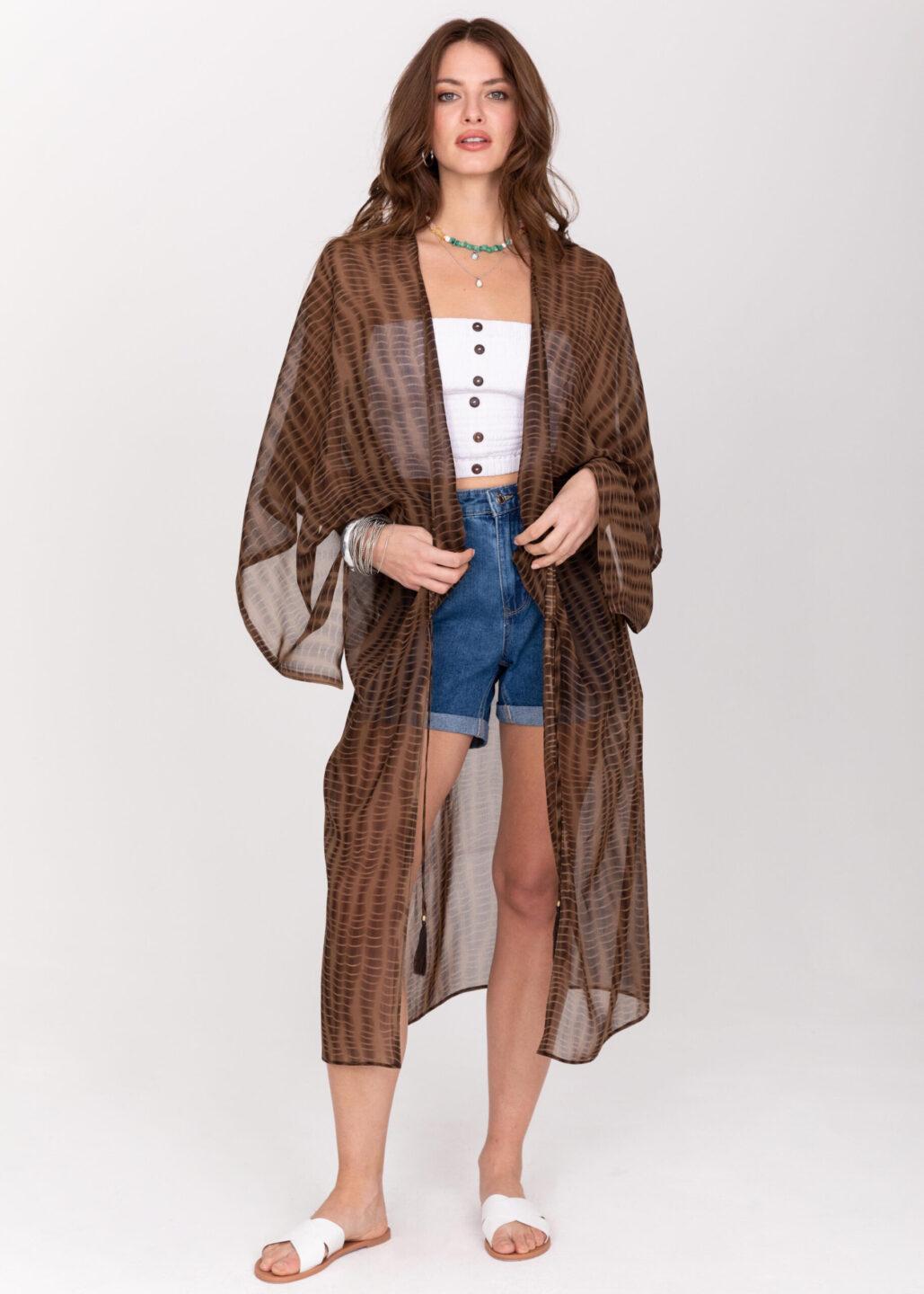 Semi - Sheer Long Kimono in Brown Bone Tie Dye Print - likemary