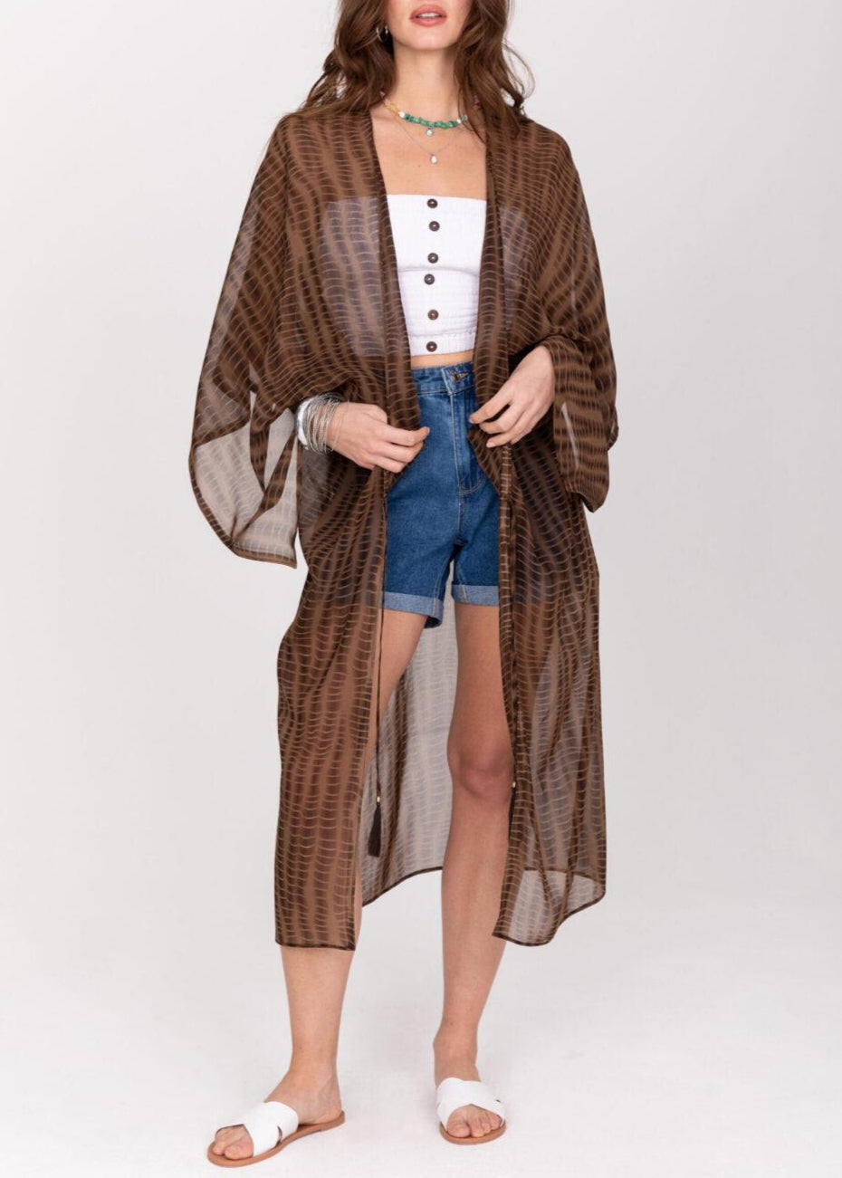 Semi - Sheer Long Kimono in Brown Bone Tie Dye Print - likemary