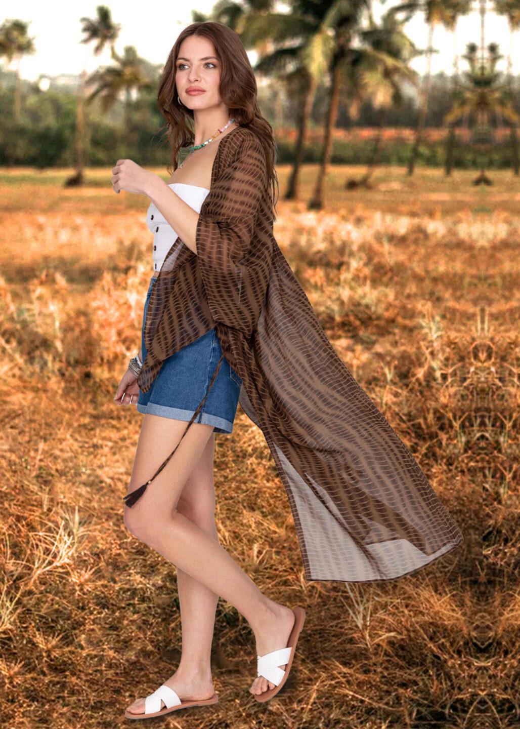 Semi - Sheer Long Kimono in Brown Bone Tie Dye Print - likemary