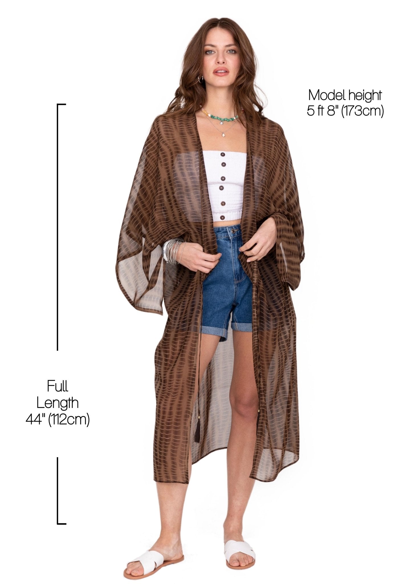 Semi - Sheer Long Kimono in Brown Bone Tie Dye Print - likemary