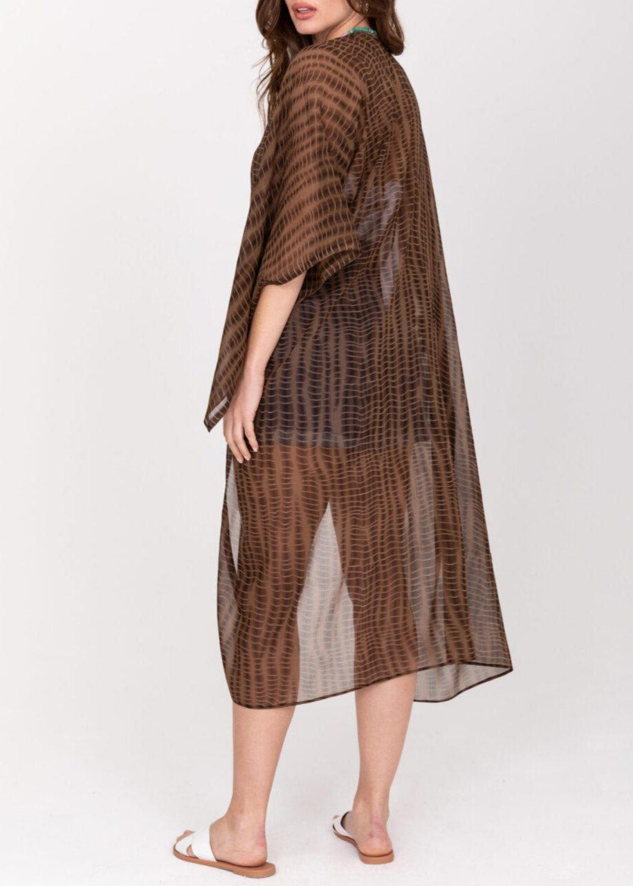 Semi - Sheer Long Kimono in Brown Bone Tie Dye Print - likemary