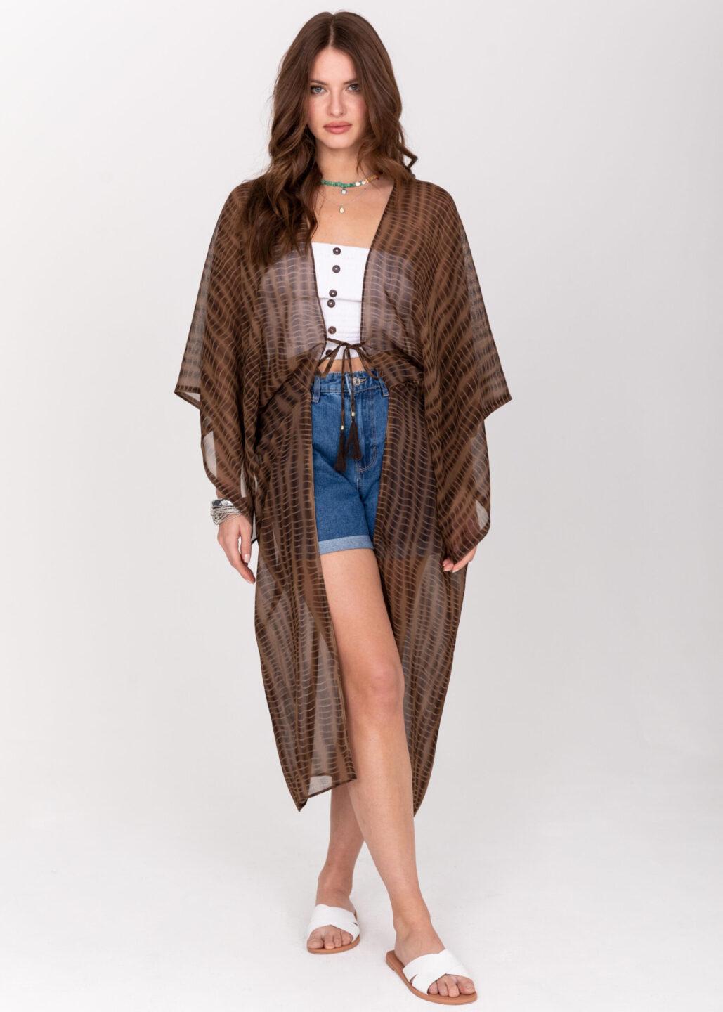 Semi - Sheer Long Kimono in Brown Bone Tie Dye Print - likemary