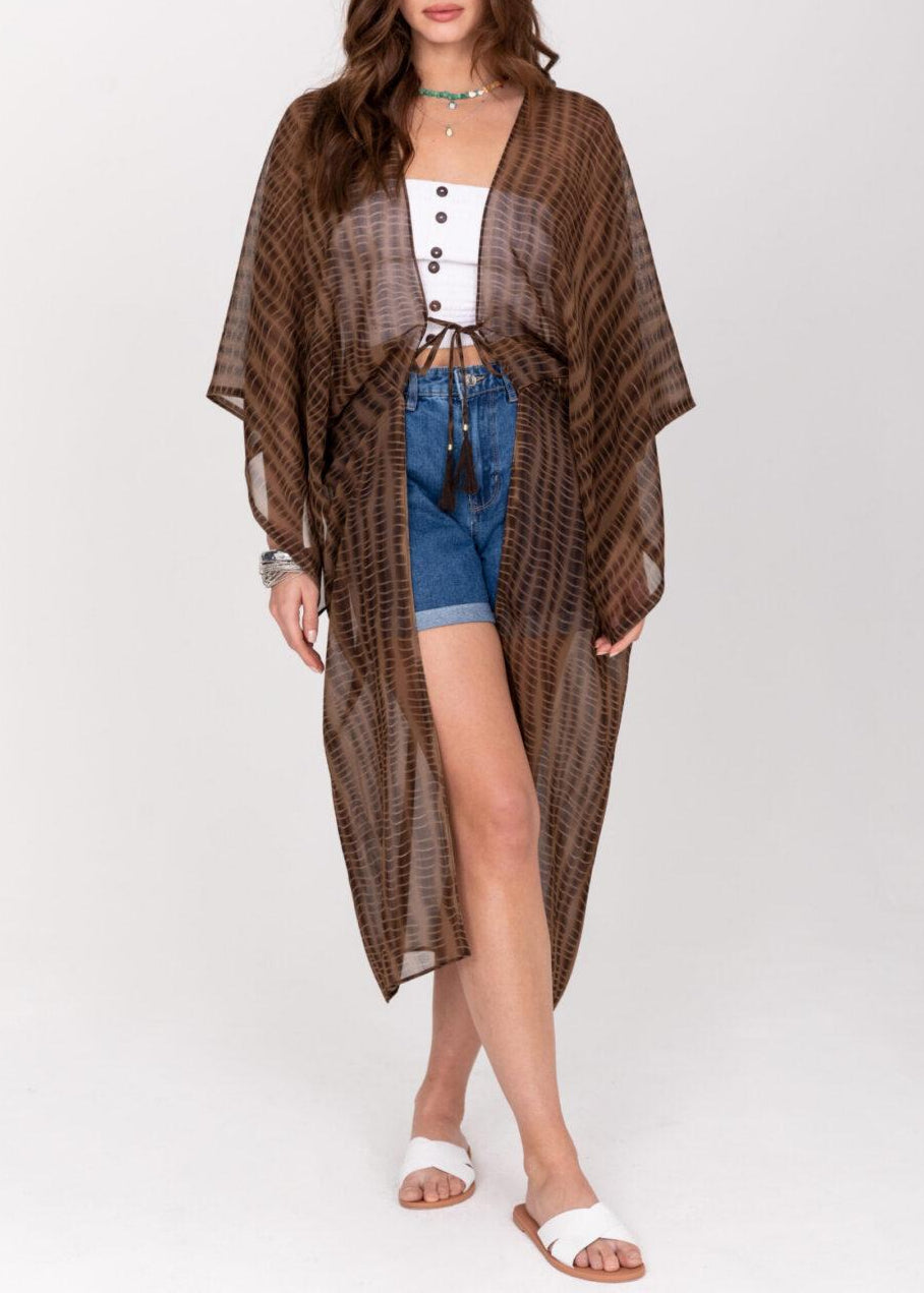 Semi - Sheer Long Kimono in Brown Bone Tie Dye Print - likemary