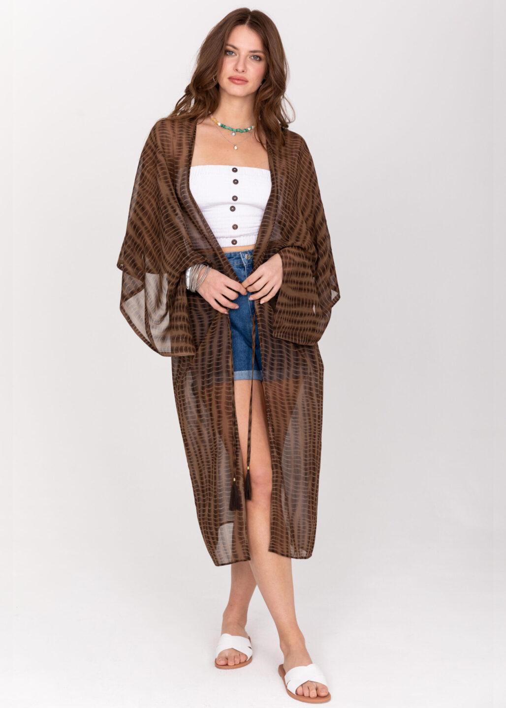 Semi - Sheer Long Kimono in Brown Bone Tie Dye Print - likemary
