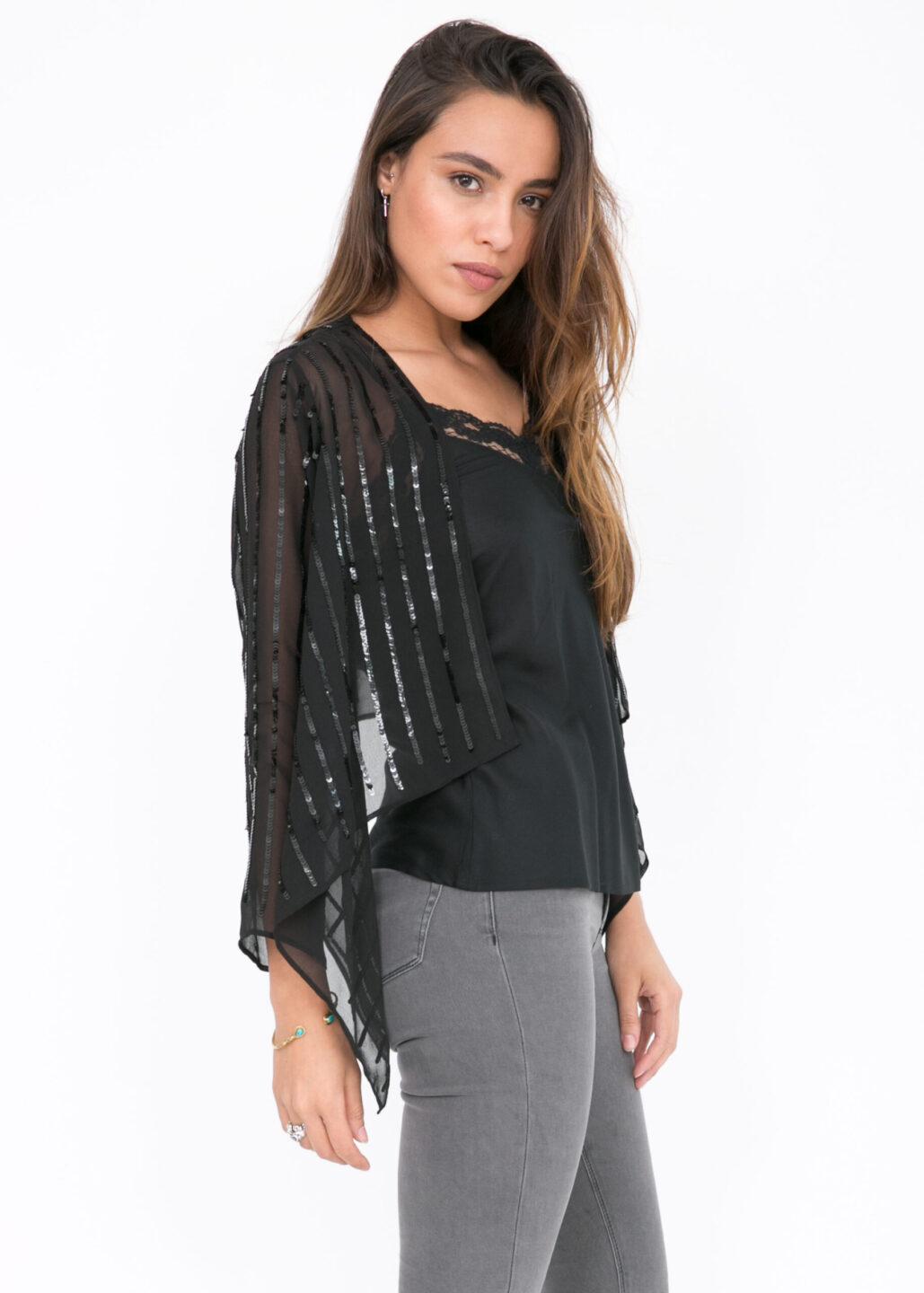 Sheer Chiffon Sequins Shrug Bolero Black - likemary