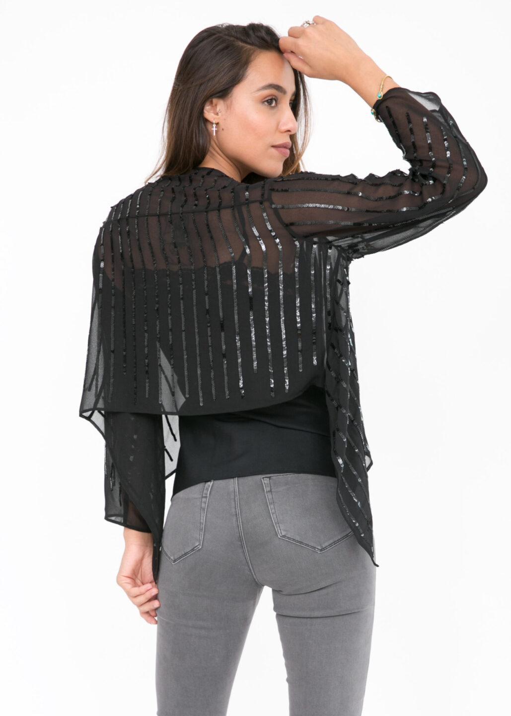 Sheer Chiffon Sequins Shrug Bolero Black - likemary