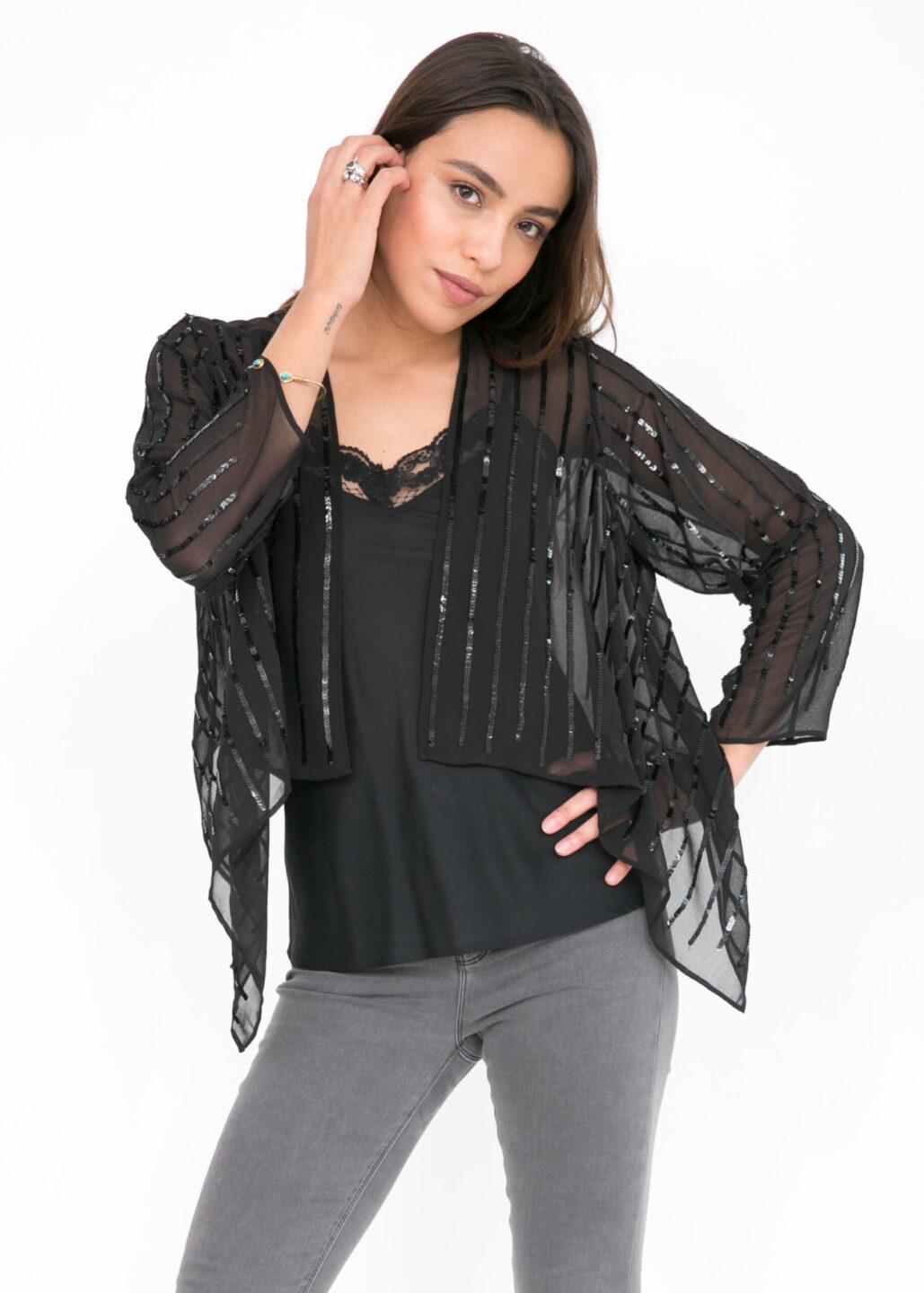 Sheer Chiffon Sequins Shrug Bolero Black - likemary