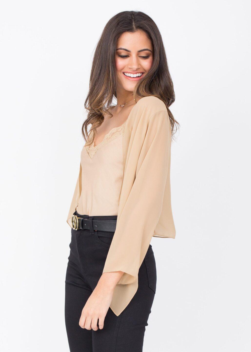Sheer Chiffon Shrug Bolero Biscuit Beige - likemary
