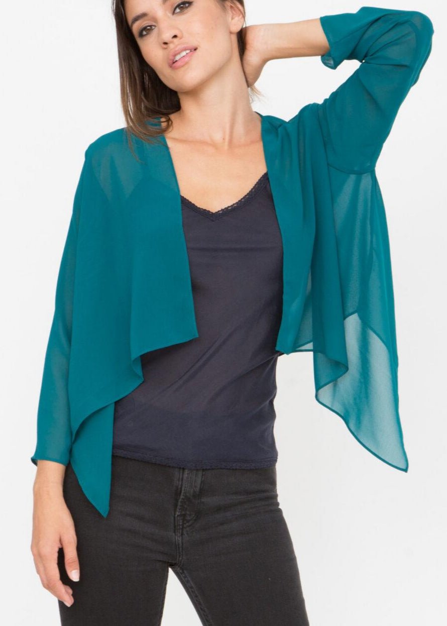 Sheer Chiffon Shrug Bolero Jacket in Teal Blue - likemary