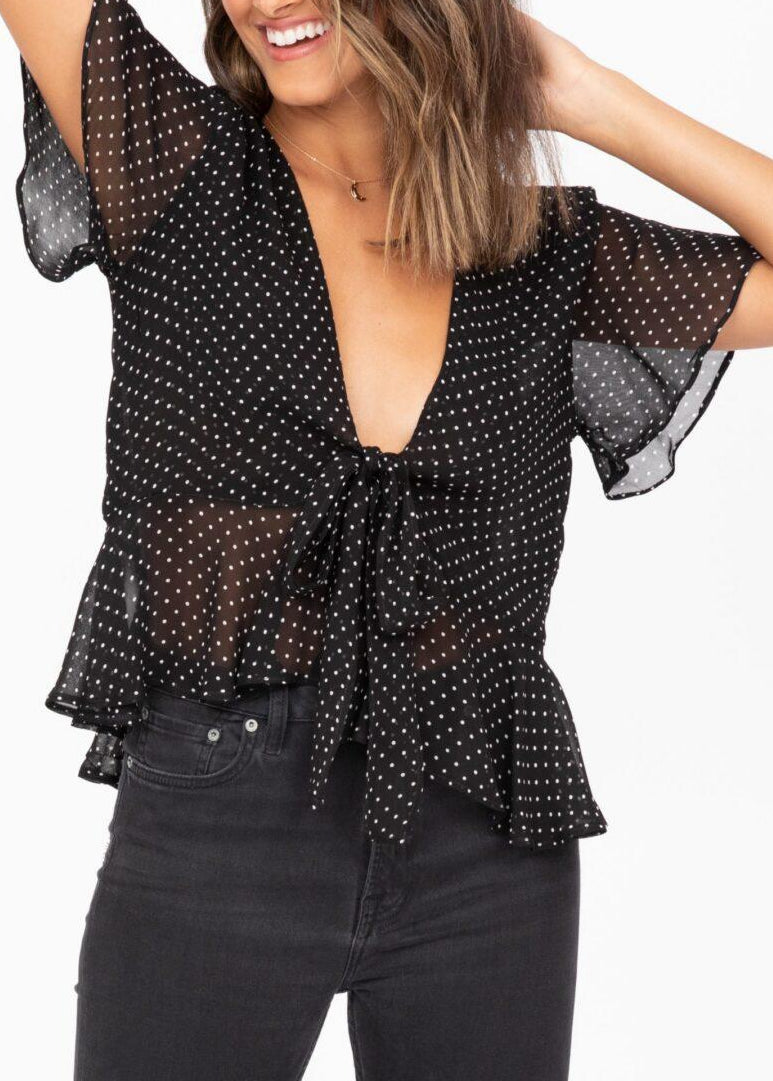 Short Butterfly Sleeve Floaty Top In Black Polka Dot - likemary