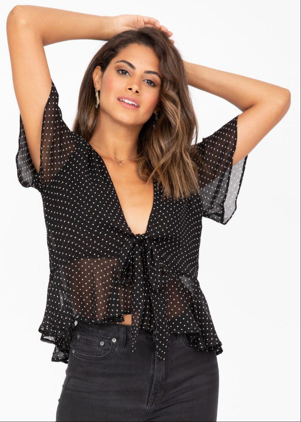 Short Butterfly Sleeve Floaty Top In Black Polka Dot - likemary