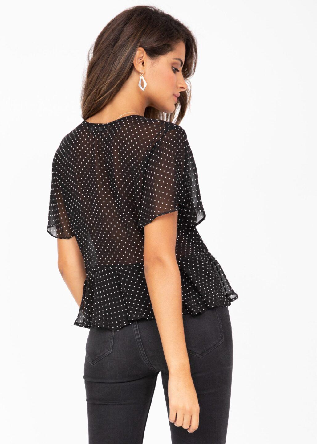 Short Butterfly Sleeve Floaty Top In Black Polka Dot - likemary