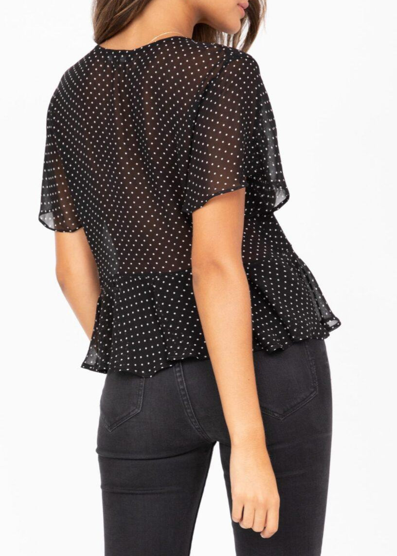 Short Butterfly Sleeve Floaty Top In Black Polka Dot - likemary