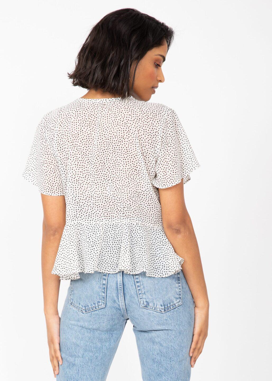 Short Butterfly Sleeve Floaty Top In White Polka Dot - likemary