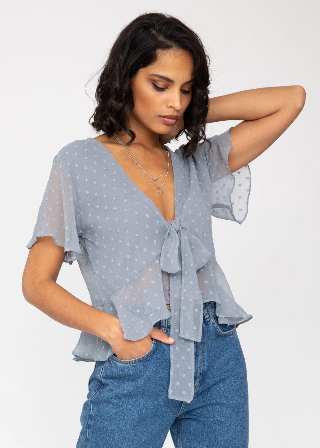 Short Butterfly Sleeve Top In Calm Grey Dots - likemary