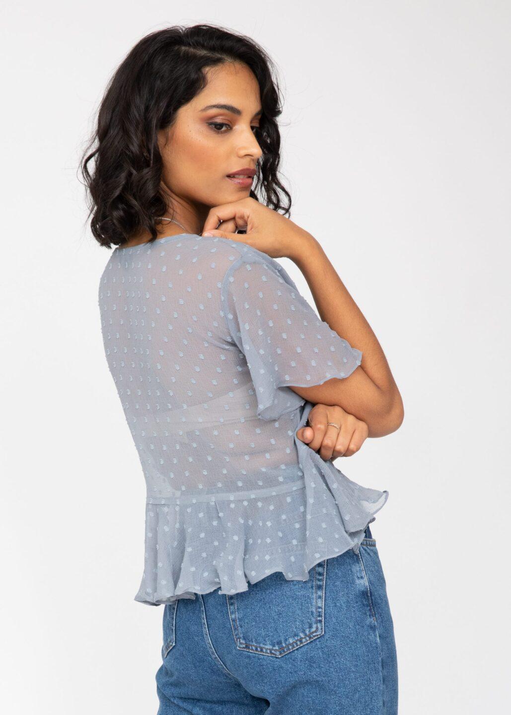 Short Butterfly Sleeve Top In Calm Grey Dots - likemary