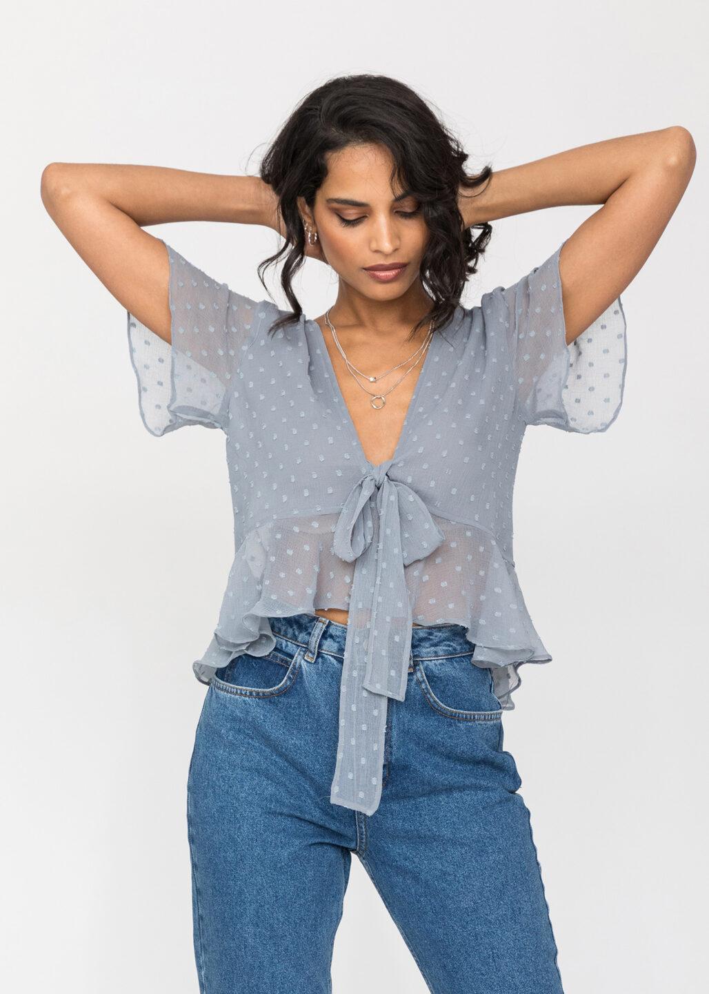 Short Butterfly Sleeve Top In Calm Grey Dots - likemary