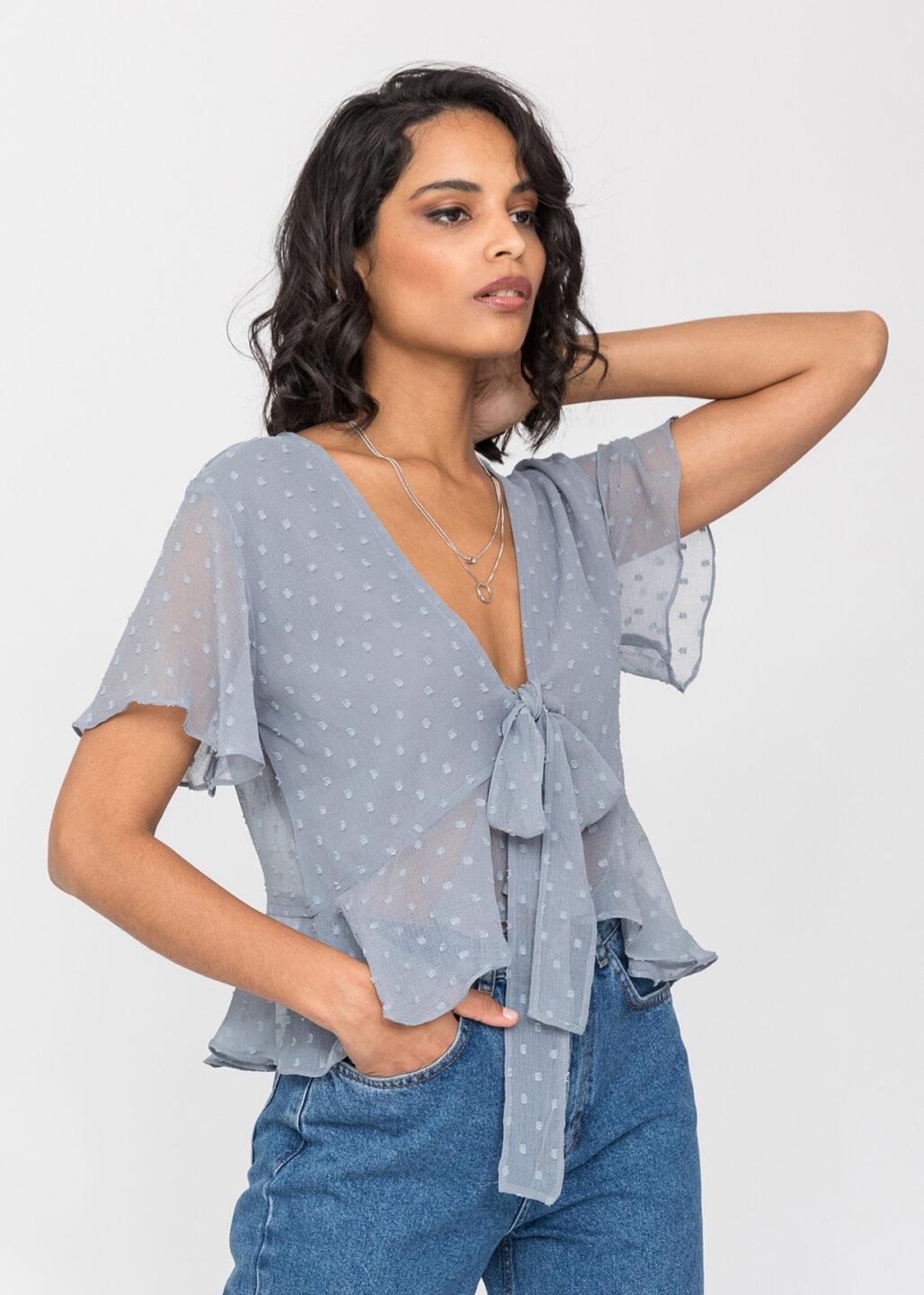 Short Butterfly Sleeve Top In Calm Grey Dots - likemary
