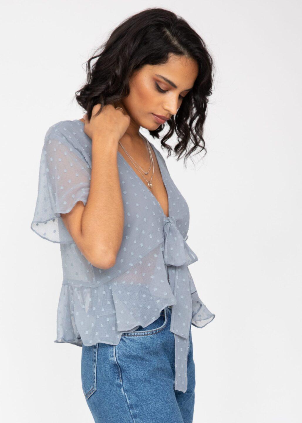 Short Butterfly Sleeve Top In Calm Grey Dots - likemary
