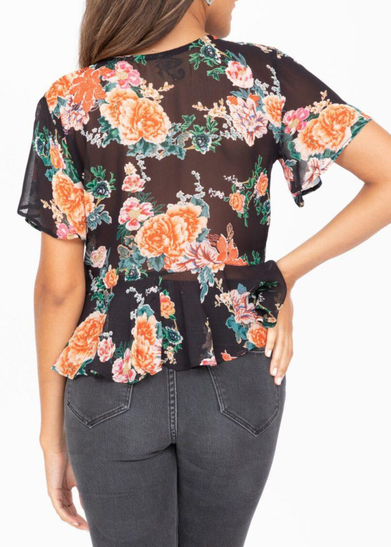 Short Butterfly Sleeve Top in Floral Print - likemary