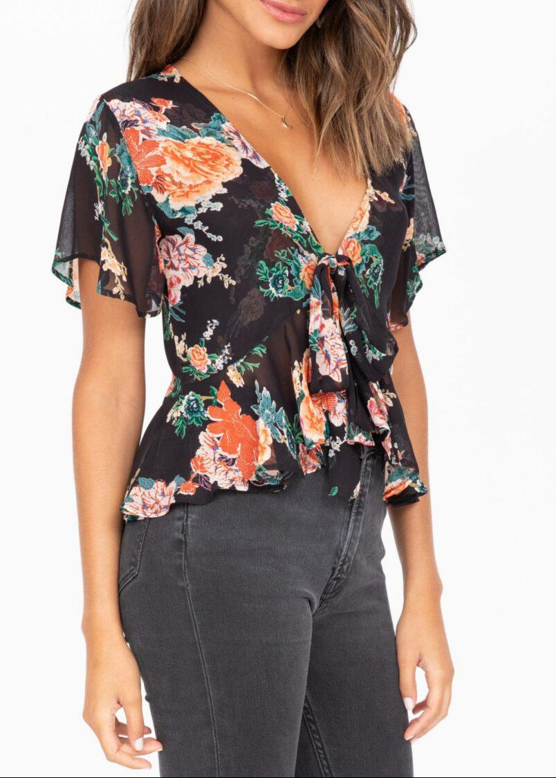 Short Butterfly Sleeve Top in Floral Print - likemary