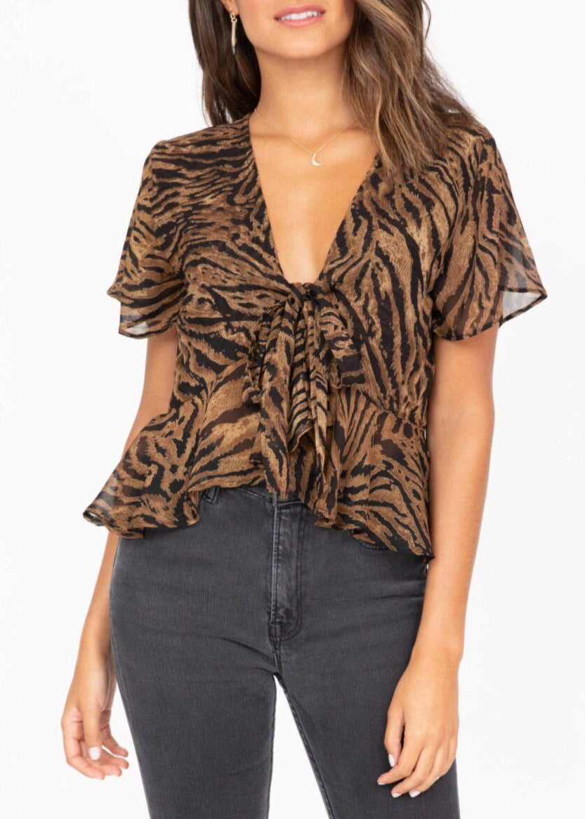 Short Butterfly Sleeve Top in Tiger Stripes - likemary
