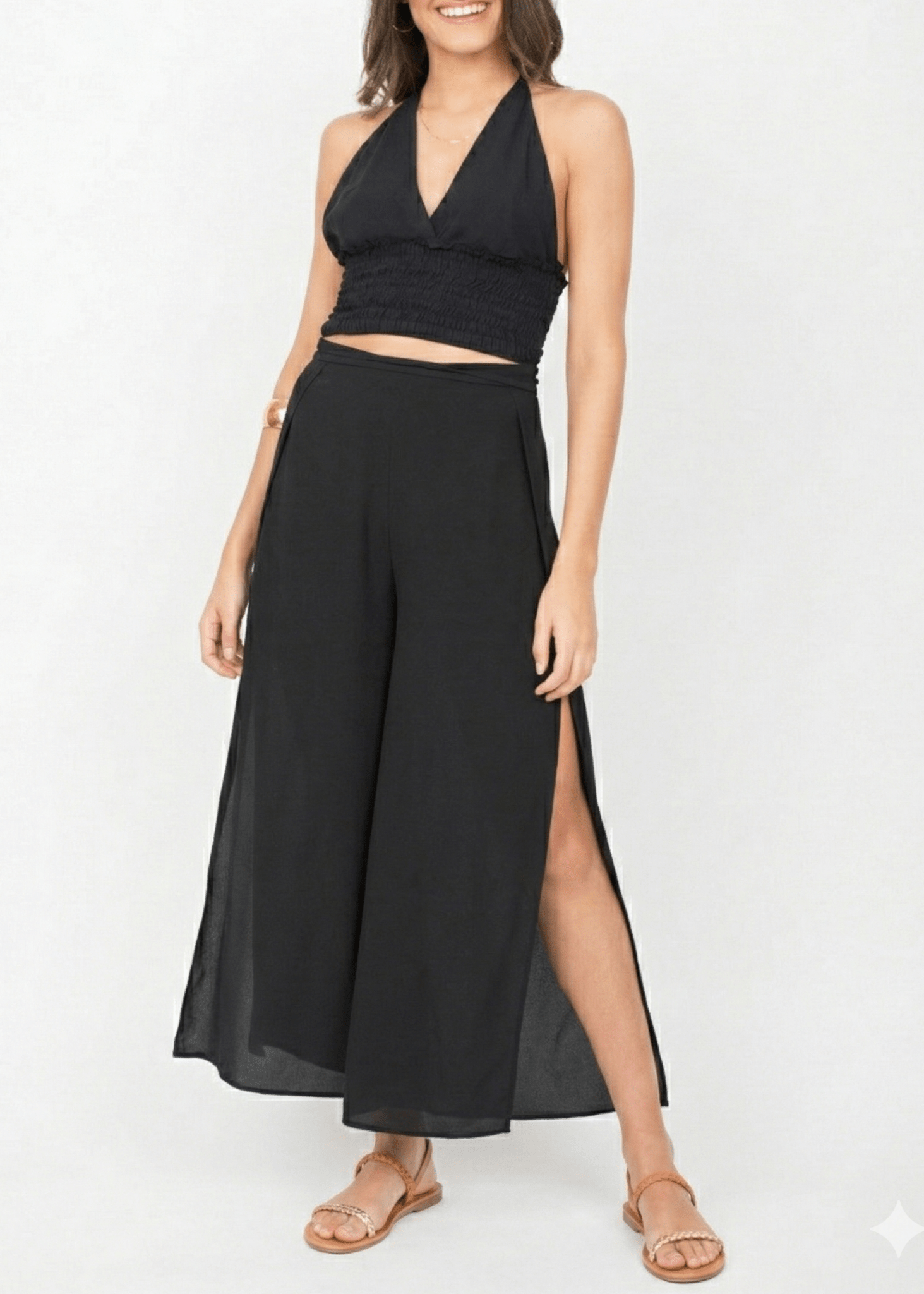 Side Split Holiday Trousers Wide Leg Black - likemary