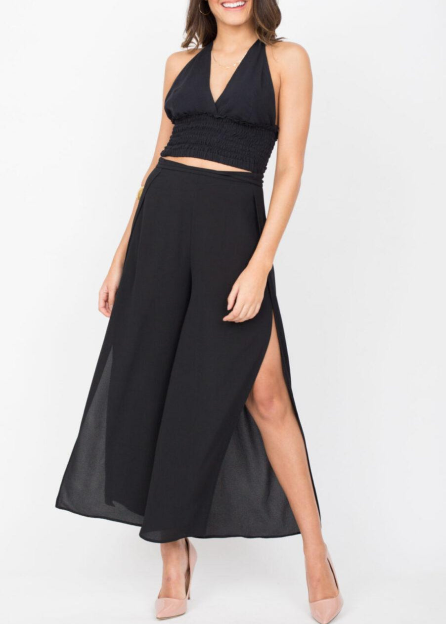 Side Split Holiday Trousers Wide Leg Black - likemary