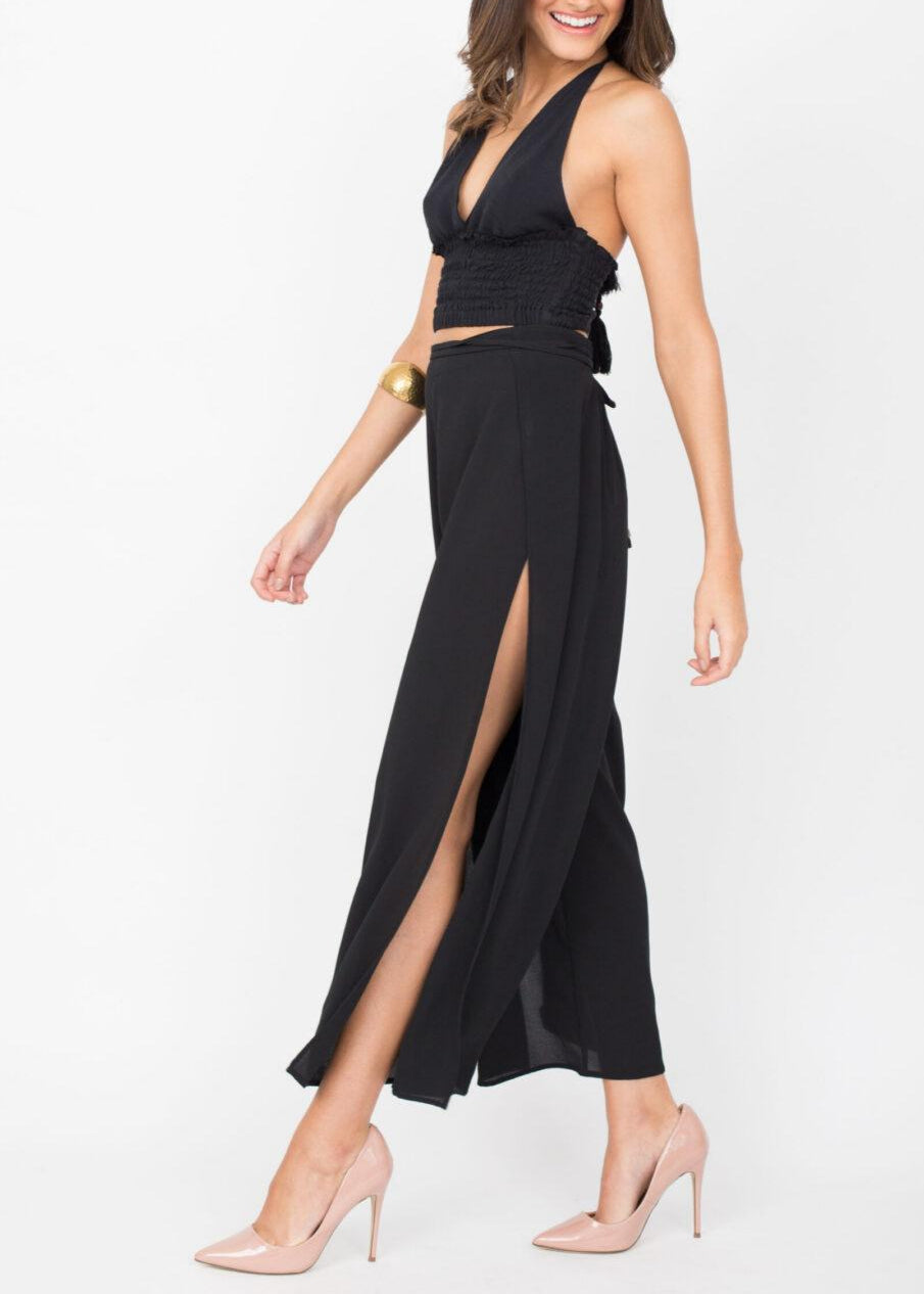 Side Split Holiday Trousers Wide Leg Black - likemary