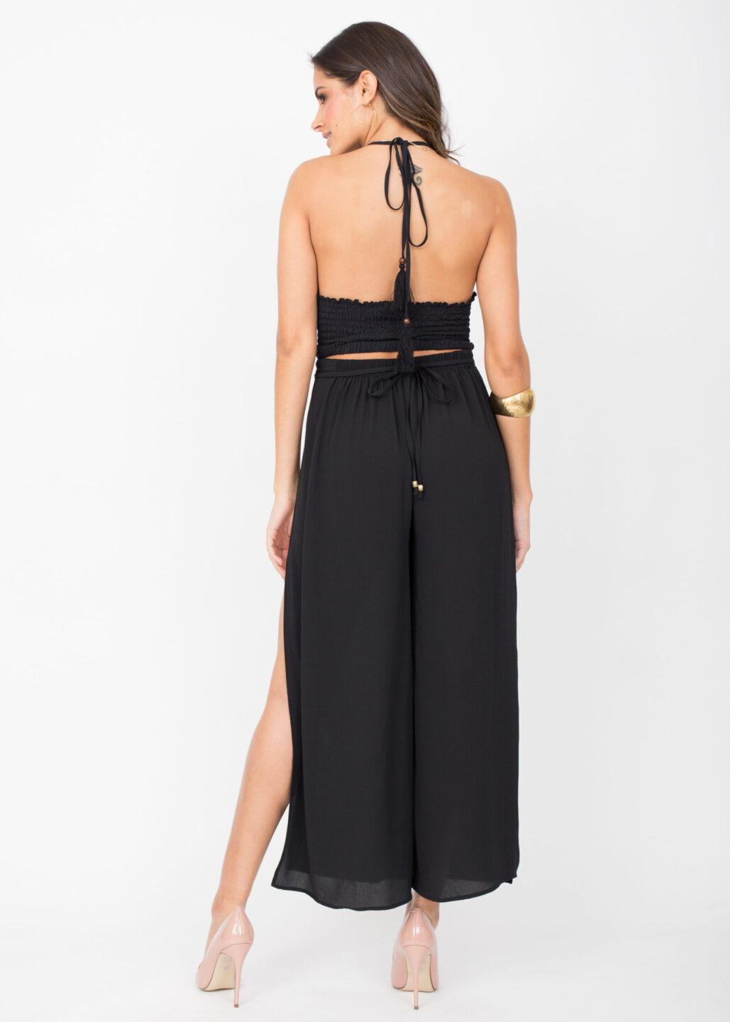 Side Split Holiday Trousers Wide Leg Black - likemary
