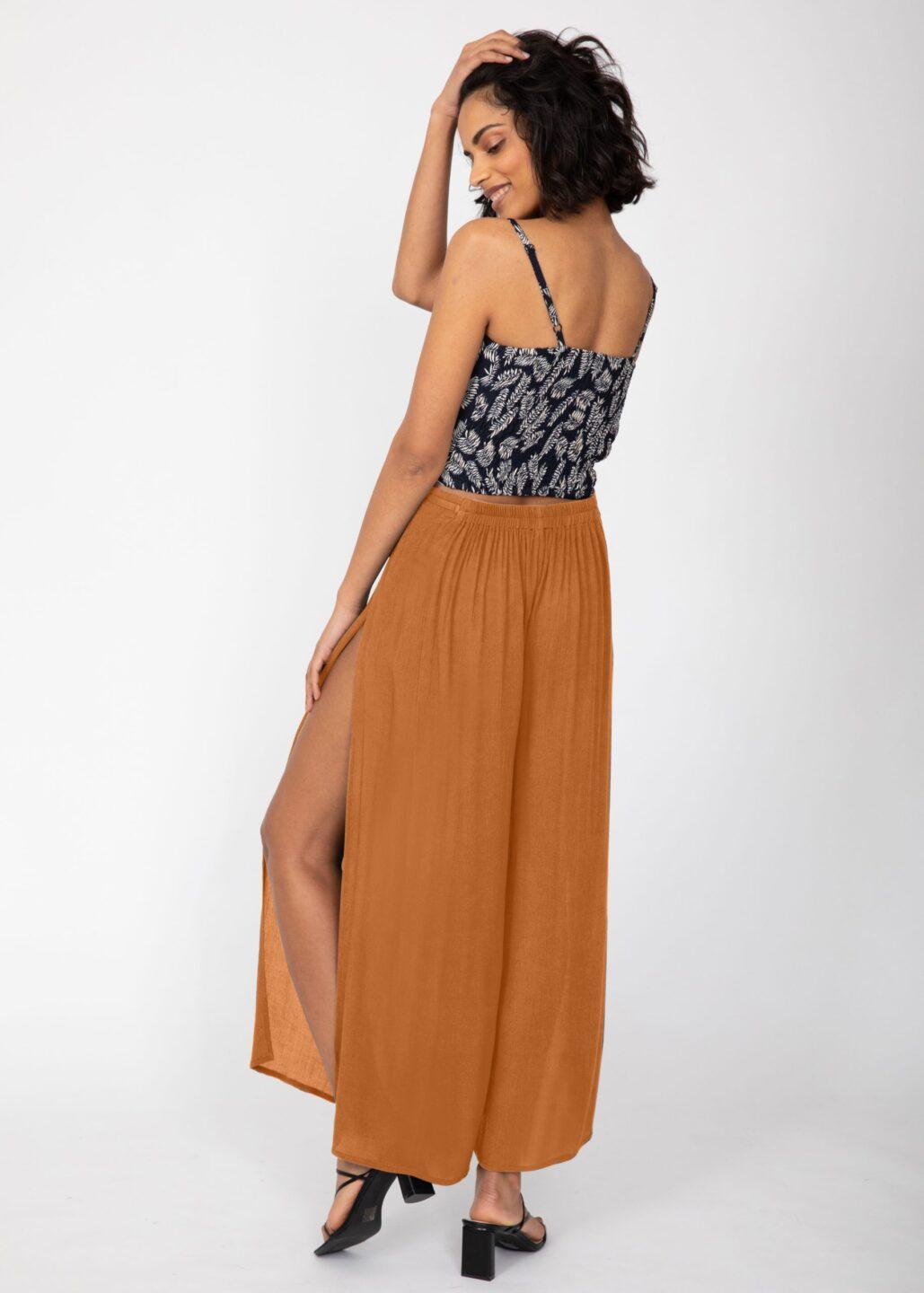 Side Split Wide Leg Relaxed Trousers in Caramel - likemary