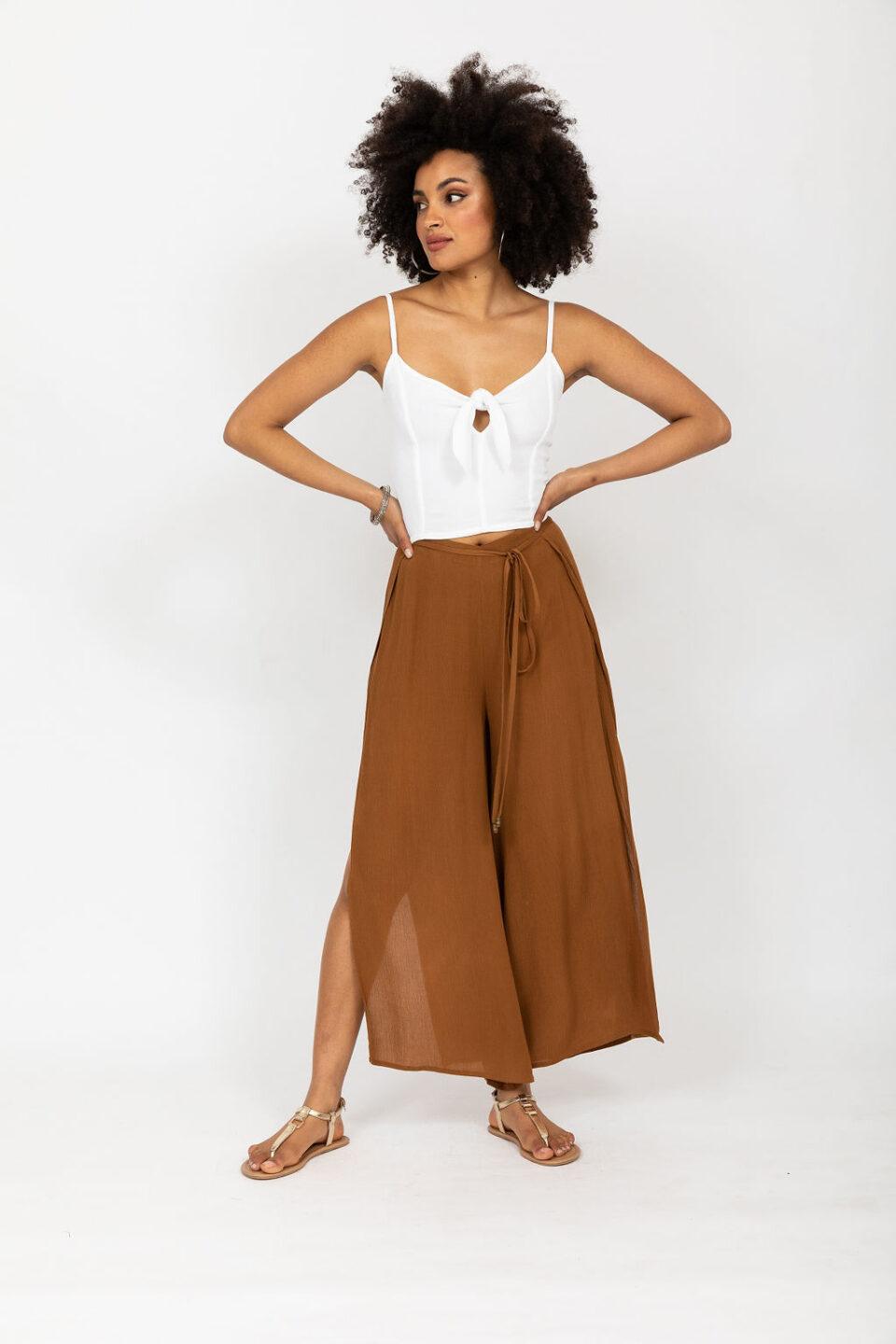 Side Split Wide Leg Relaxed Trousers in Caramel - likemary
