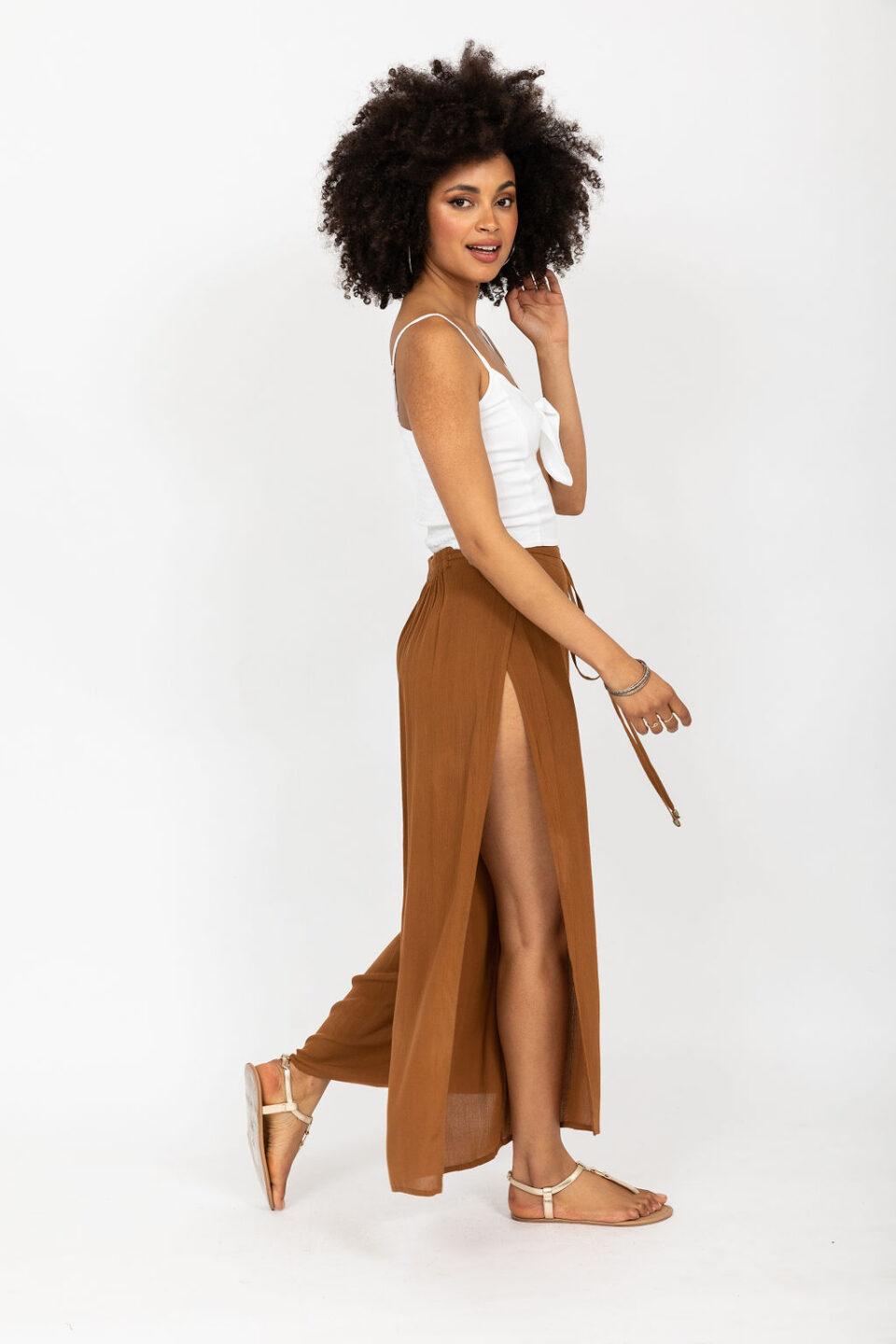 Side Split Wide Leg Relaxed Trousers in Caramel - likemary
