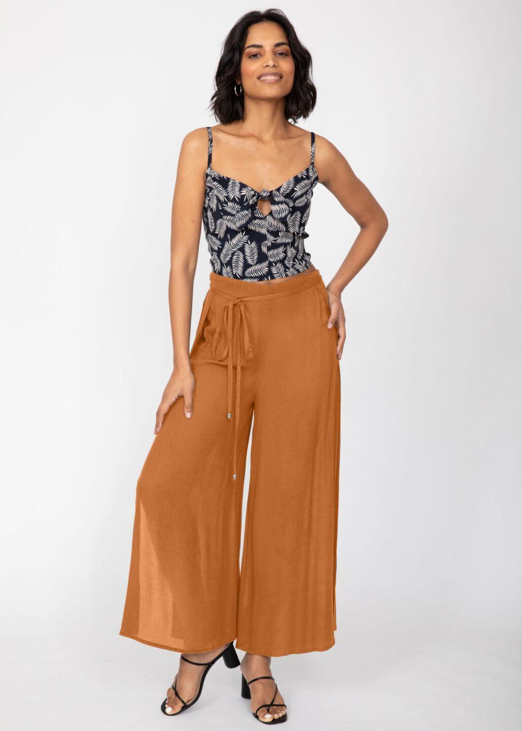 Side Split Wide Leg Relaxed Trousers in Caramel - likemary
