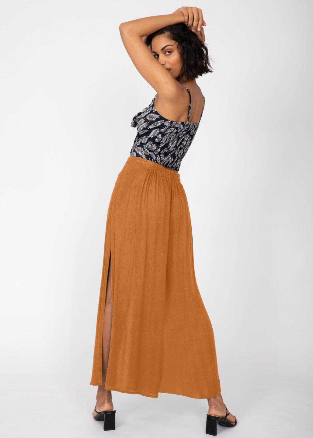 Side Split Wide Leg Relaxed Trousers in Caramel - likemary